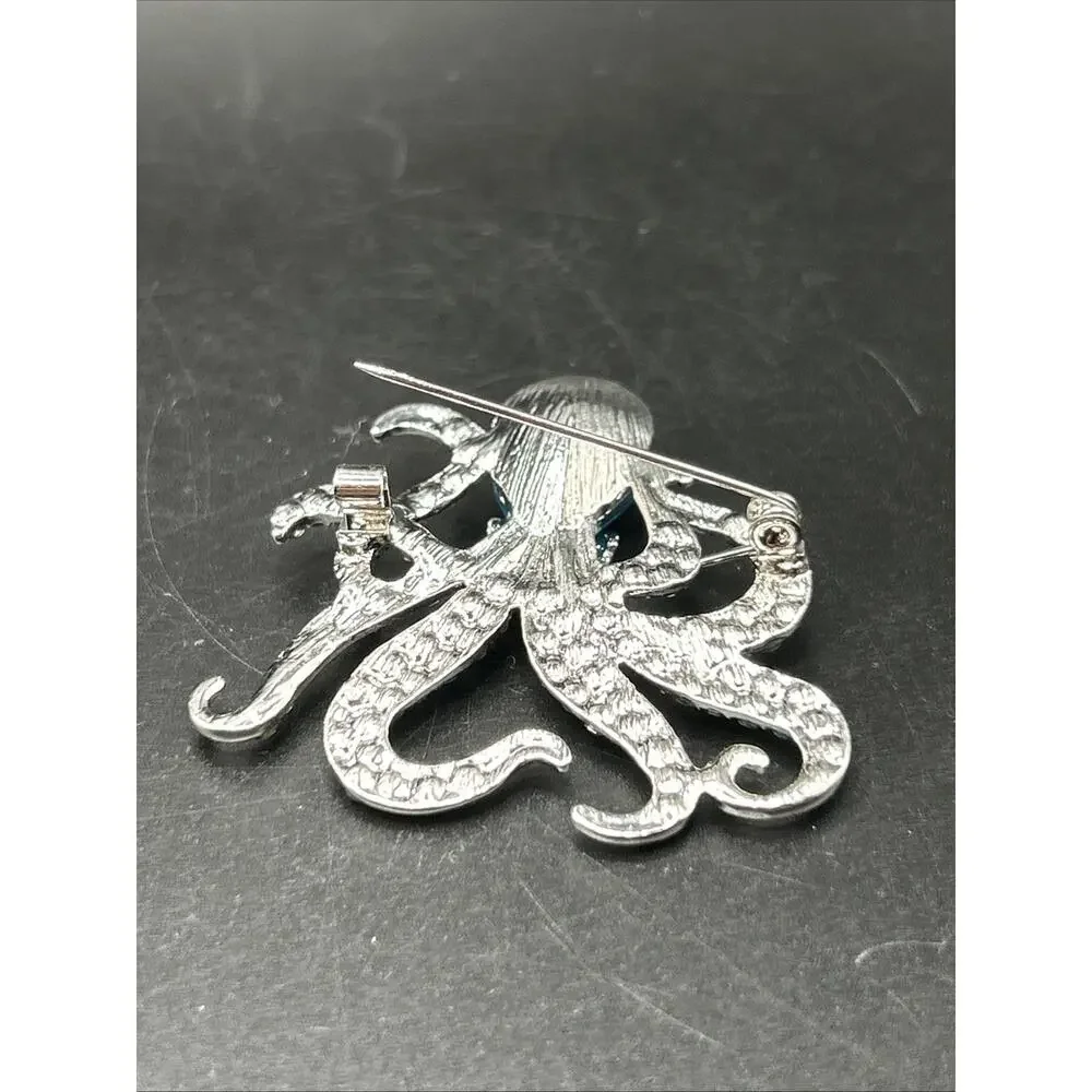 Modern Octopus Pin Brooch Silver Tone 1 3/4” Blue Rhinestones